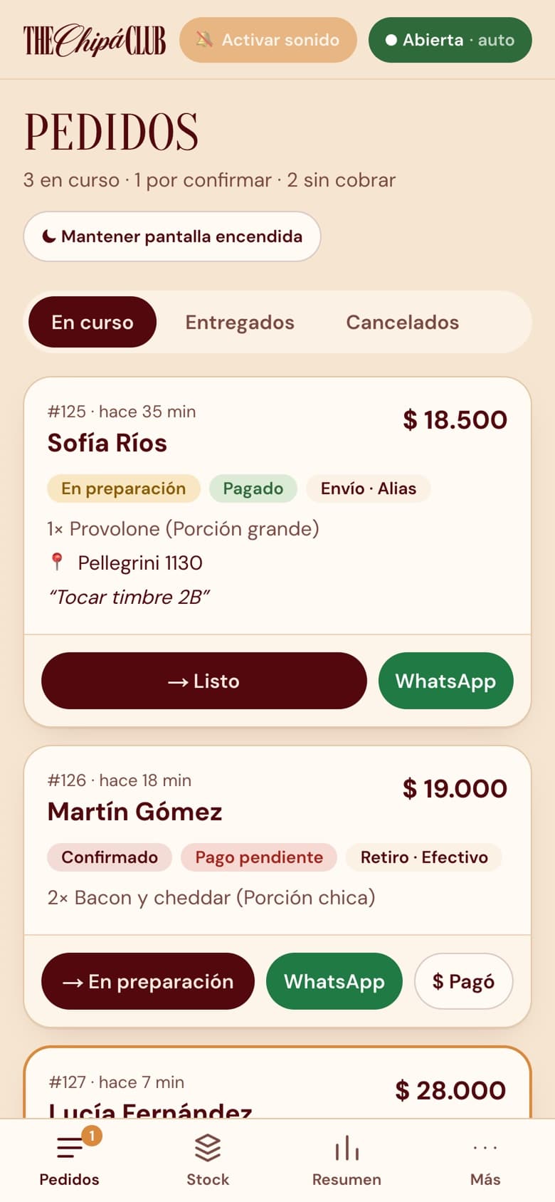 Panel de pedidos de The Chipá Club